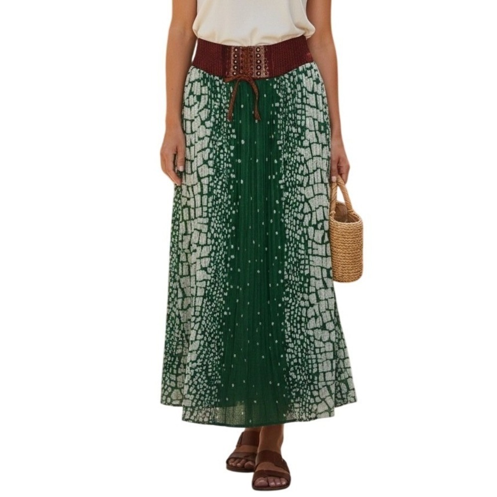 Magic Pleated Maxi Skirt Womens Medium Green Mosaic‎ Print Corset Waist Boho
